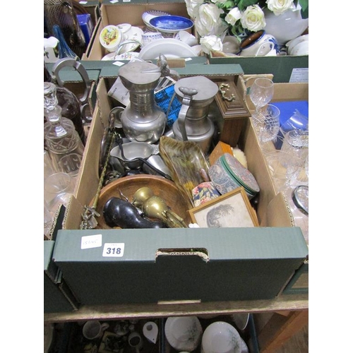 318 - BOX OF MISC TO INCL PEWTER WARES, CLOCKS ETC