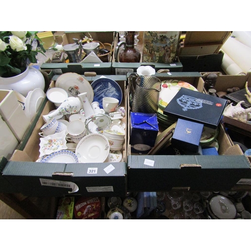 321 - TWO BOXES OF MIXED PORCELAIN AND GLASSWARE TO INCL POOLE POTTERY, MDINA, AYNSLEY ETC