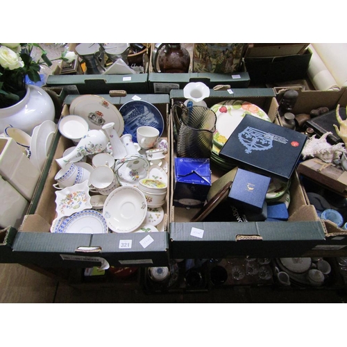 321 - TWO BOXES OF MIXED PORCELAIN AND GLASSWARE TO INCL POOLE POTTERY, MDINA, AYNSLEY ETC