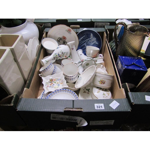 321 - TWO BOXES OF MIXED PORCELAIN AND GLASSWARE TO INCL POOLE POTTERY, MDINA, AYNSLEY ETC