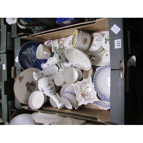 321 - TWO BOXES OF MIXED PORCELAIN AND GLASSWARE TO INCL POOLE POTTERY, MDINA, AYNSLEY ETC