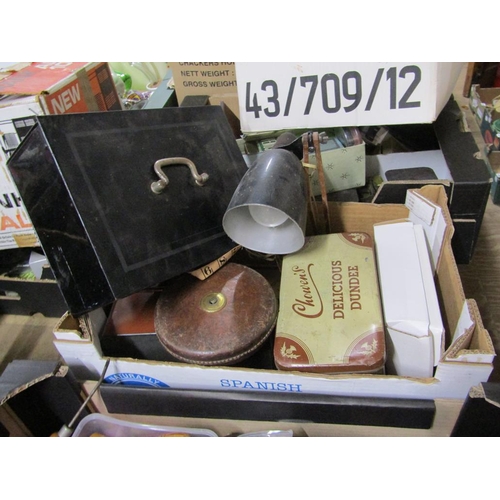 324 - BOX OF MISC TO INCL VINTAGE LAMPS, SAFE TIN BOX ETC