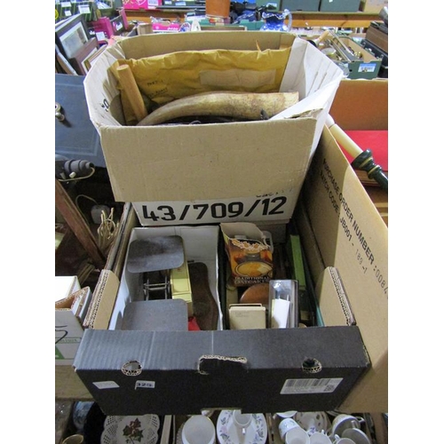 325 - BOX OF MISC TO INCL HORN, SCALES, WEIGHTS ETC