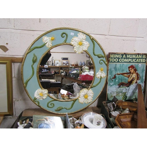 361 - LARGE CIRCULAR WALL MIRROR, MOULDED IN RELIEF WITH FLOWERS