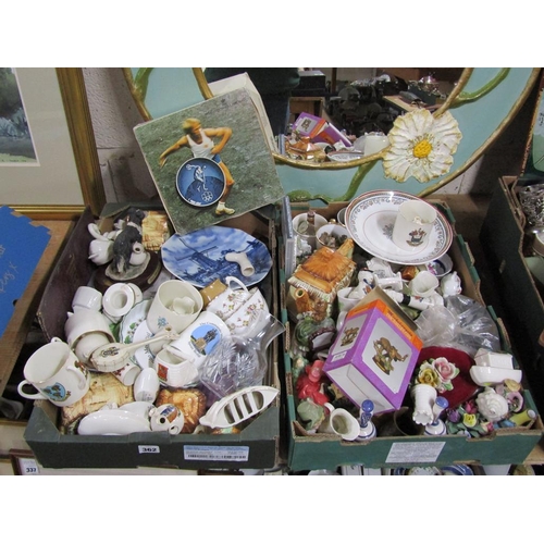 362 - THREE BOXES OF MIXED CHINA - ORNAMENTS, TEAWARES, CRYSTAL ETC