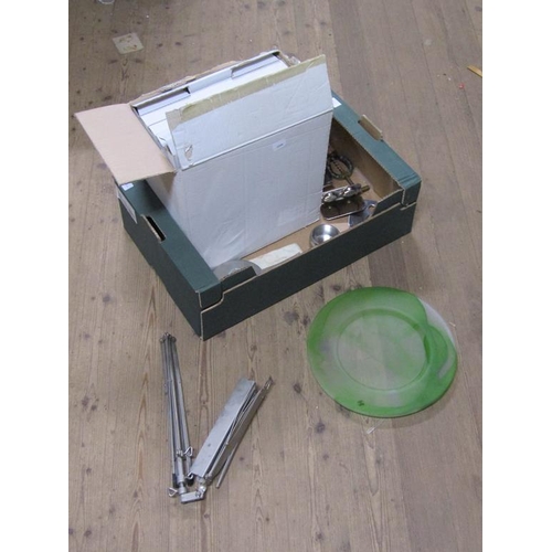 366 - BOX OF MISC TO INCL GLASS DISHES, MUSIC STANDS, TOAST RACKS ETC