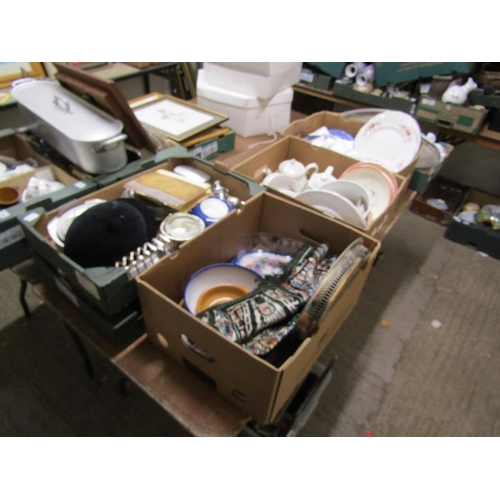 373 - SIX BOXES OF MISC TO INCL CHINA, GLASS, METALWARE ETC