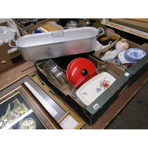 375 - BOX TO INCL WALL CLOCK, CERAMICS, GLASS, FISH KETTLE