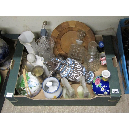 415 - BOX OF MIXED CERAMICS, GLASSWARE, SILVER PLATE ETC