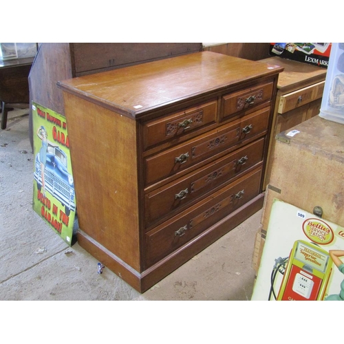 567 - EDWARDIAN WALNUT CHEST OF TWO SHORT AND THREE LONG DRAWERS