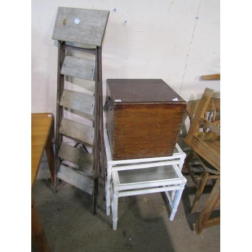 578 - NEST OF THREE TABLES; WOODEN LADDER; LIFT TOP BOX