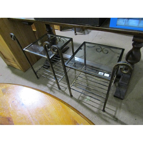 599 - PAIR OF GLASS TOP METAL FRAMED SIDE TABLES