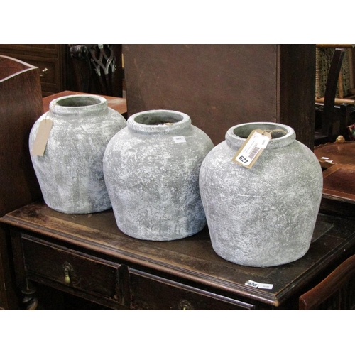 627 - THREE AGED STONE CERAMIC VASES