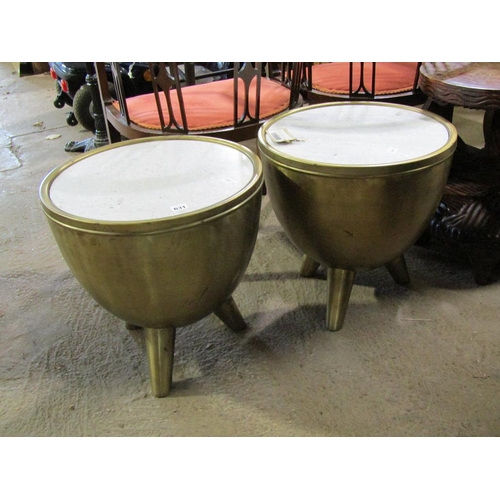 631 - PAIR OF BRASS FINISHED STONE TOPPED OCCASIONAL TABLES