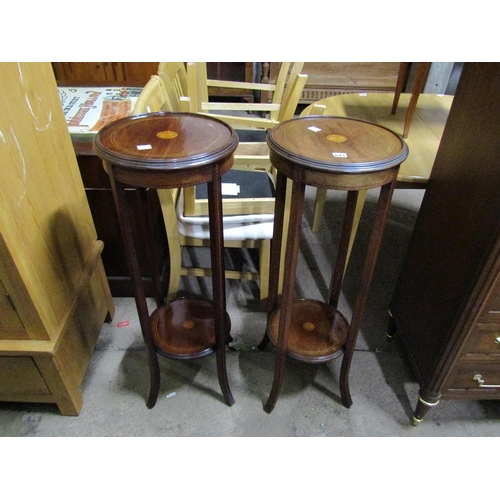 643 - PAIR OF EDWARDIAN INLAID TWO TIER PLANT STANDS