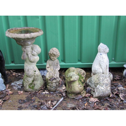 931 - COLLECTION OF FIVE COMPOSITE STONE GARDEN ORNAMENTS INCL A BIRDBATH