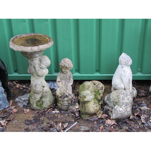 931 - COLLECTION OF FIVE COMPOSITE STONE GARDEN ORNAMENTS INCL A BIRDBATH