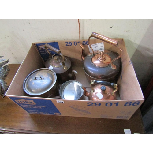 684 - BOX OF COPPER KETTLES, PANS ETC