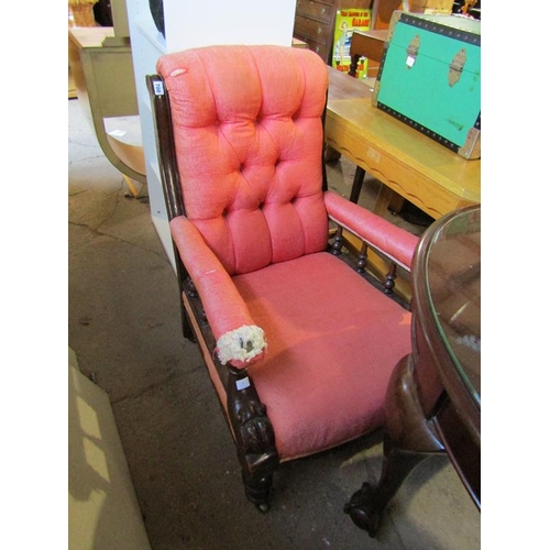 708 - UPHOLSTERED OAK FRAMED VICTORIAN ARMCHAIR