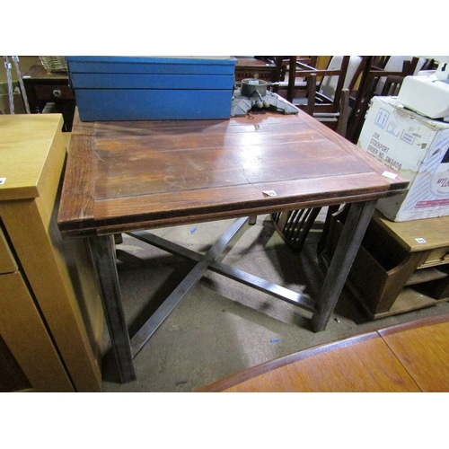 775 - METAL BASED OAK TOP DRAWLEAF DINING TABLE