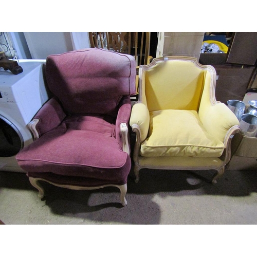 813 - ONE YELLOW AND ONE RED UPHOLSTERED SHOW FRAMED ARMCHAIRS