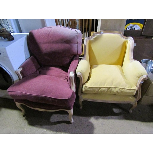 813 - ONE YELLOW AND ONE RED UPHOLSTERED SHOW FRAMED ARMCHAIRS