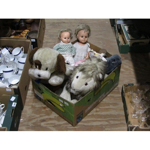 203A - BOX OF VINTAGE DOLLS AND SOFT TOYS