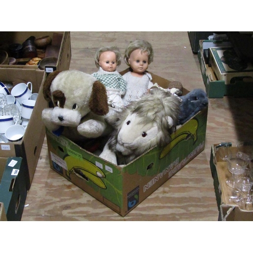 203A - BOX OF VINTAGE DOLLS AND SOFT TOYS