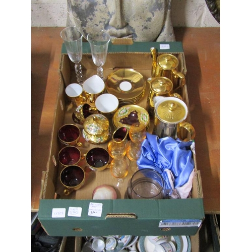 370 - BOX OF MIXED TEAWARES, VENETIAN GLASS ETC