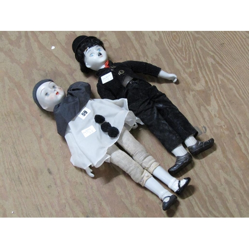 59 - TWO BISQUE HEADED DOLLS - PIERROT & CHARLIE CHAPLIN