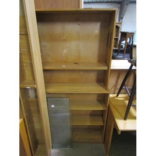 843 - TWO GLAZED BOOKCASES, CD RACK