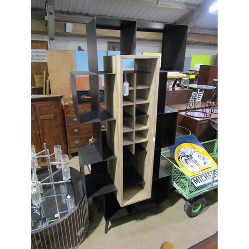 857 - IRON AND WOOD SHELF UNIT WITH WINE RACK