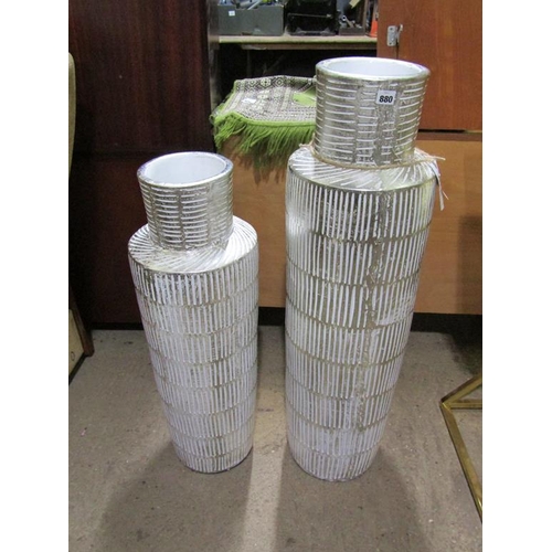 880 - TWO WHITE AND SILVER URNS