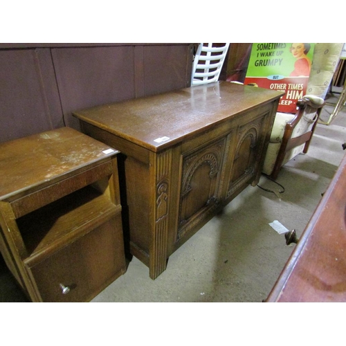 883 - OLD CHARM OAK COFFER AND BEDSIDE CABINET