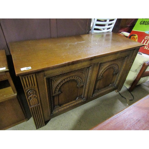 883 - OLD CHARM OAK COFFER AND BEDSIDE CABINET