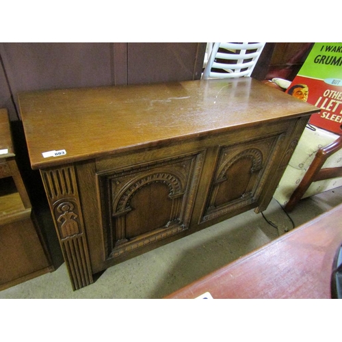 883 - OLD CHARM OAK COFFER AND BEDSIDE CABINET