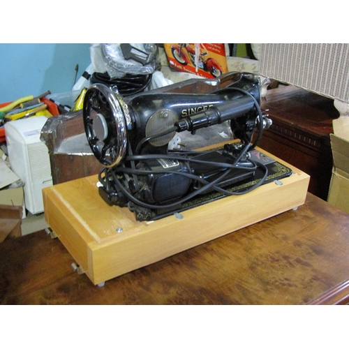 886 - CASED SINGER SEWING MACHINE; TIN BOX ETC