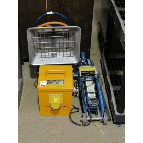 891 - TROLLEY JACK, GAS HEAT LAMP, POWER PACK