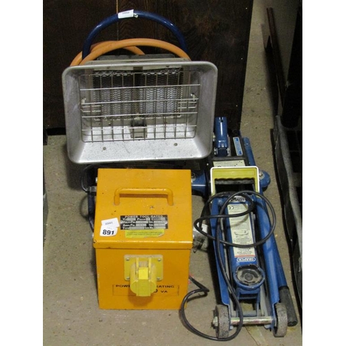 891 - TROLLEY JACK, GAS HEAT LAMP, POWER PACK