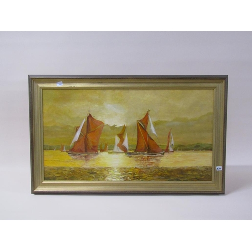 1204 - UNSIGNED - SAILING VESSELS ON A WATERWAY, OIL ON CANVAS, FRAMED, 49CM X 90CM