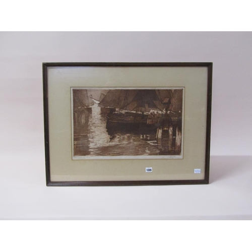 1205 - SEPIA PRINT SIGNED PAVALIRA 1916, MOORED SAILING VESSELS, F/G, 34CM X 52CM