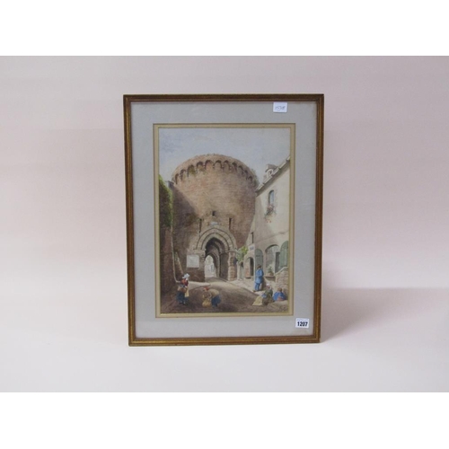 1207 - MONO A.M 1885 - FIGURES IN A CONTINENTAL STREET SCENE, SIGNED IN MONO, DATED, WATERCOLOUR, F/G, 44CM... 