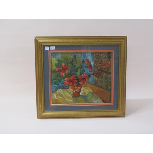 1213 - MANE BOTHA 99 - STILL LIFE, POT OF FLOWERS, SIGNED OIL ON CANVAS, F/G, 37CM X 43CM