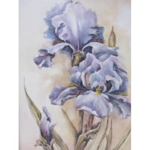 1216 - LILIA 1937 - IRIS, PAINTING OF PORCELAIN PANEL, FRAMED, 29CM X 22CM