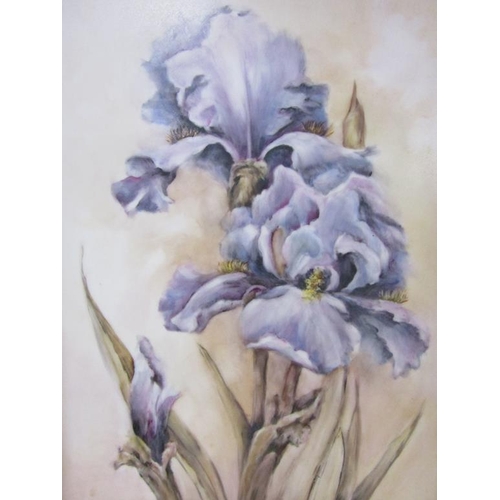 1216 - LILIA 1937 - IRIS, PAINTING OF PORCELAIN PANEL, FRAMED, 29CM X 22CM