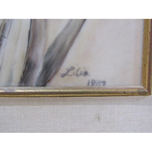 1216 - LILIA 1937 - IRIS, PAINTING OF PORCELAIN PANEL, FRAMED, 29CM X 22CM