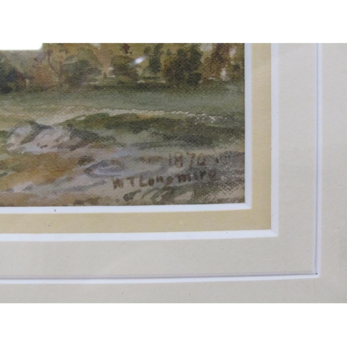 1219 - W.T. LONGMIRE -  EUROPEAN LAKE SURROUNDED BY MOUNTAINS, SIGNED WATERCOLOUR, F/G, 24CM X 36CM