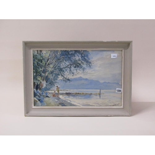 1220 - N. YATON 1936 - TWO BATHERS ON THE BANK OF A LAKE, SIGNED WATERCOLOUR, F/G, 30CM X 46CM