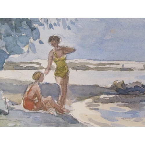 1220 - N. YATON 1936 - TWO BATHERS ON THE BANK OF A LAKE, SIGNED WATERCOLOUR, F/G, 30CM X 46CM