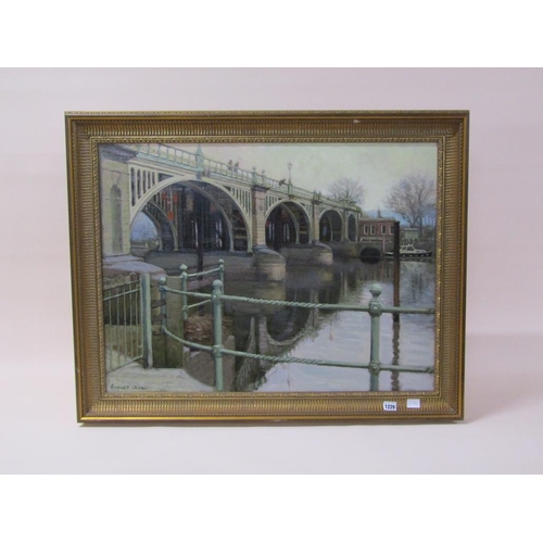 1229 - BENNETT OATES - RIVER BRIDGE, SIGNED OIL ON BOARD, FRAMED, 60CMX 80CM